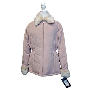 New London Fog Jacket Women's M Pink Rose Megan Coat Faux Fur Collar Zip Closure